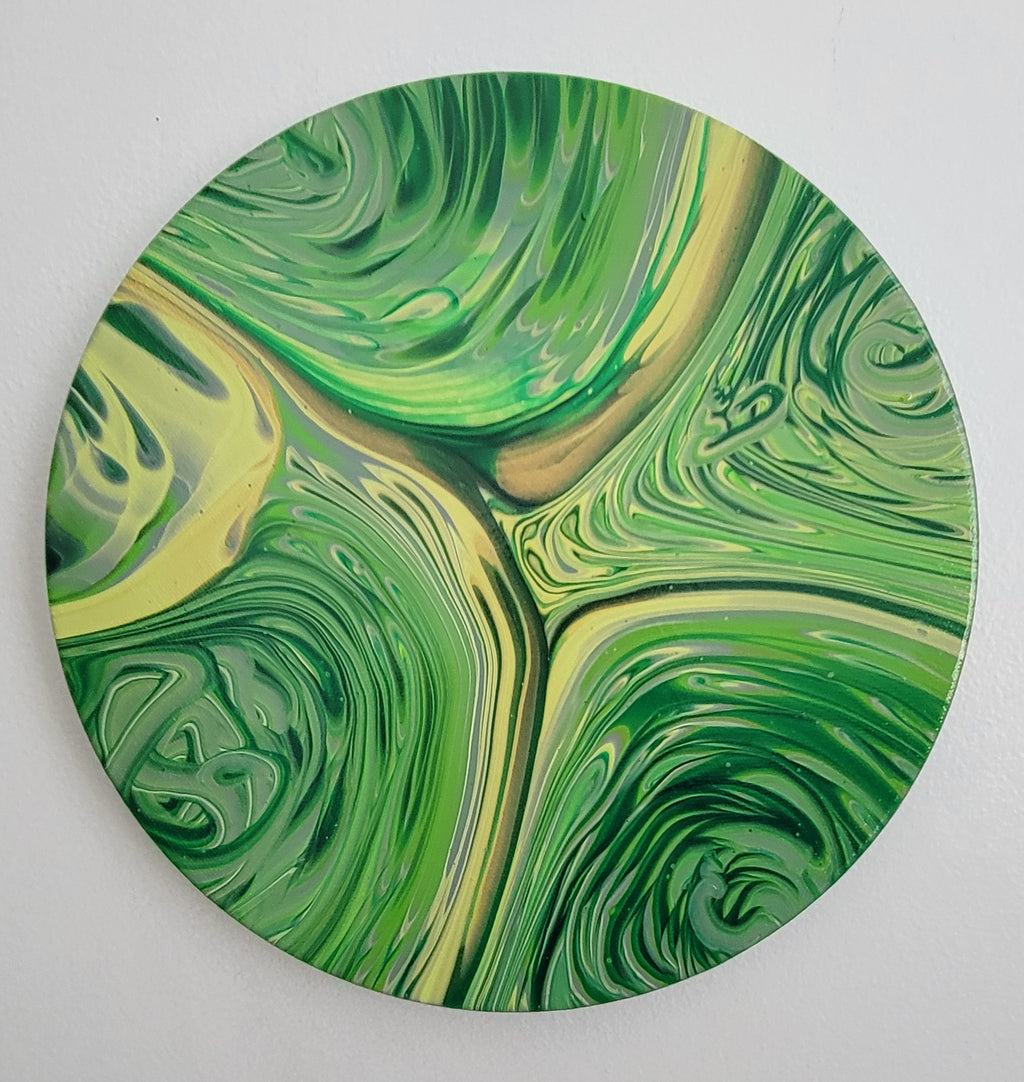 Forest in Motion, 10-inch round acrylic pour with layered green and yellow current
