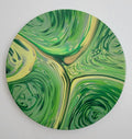 Forest in Motion, 10-inch round acrylic pour with layered green and yellow current