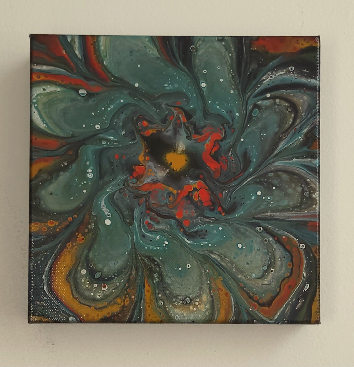 "When Color Finds It's Fire" 8x8" Original Acrylic Pour on Canvas
